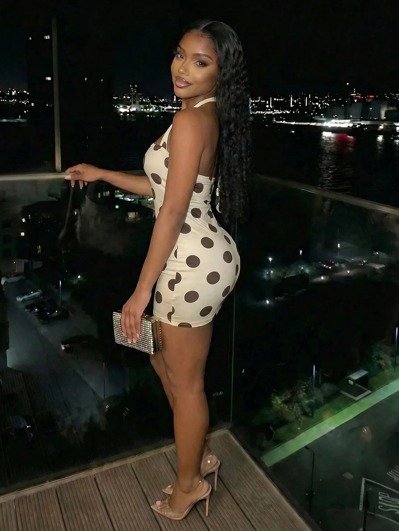 Slaydiva Summer Elegant 70s Retro Sexy Slim Fit Brown And White Polka Dot Backless Mini Dress, Suitable For Valentine's Day Women's Wear, Party Night Out, Club