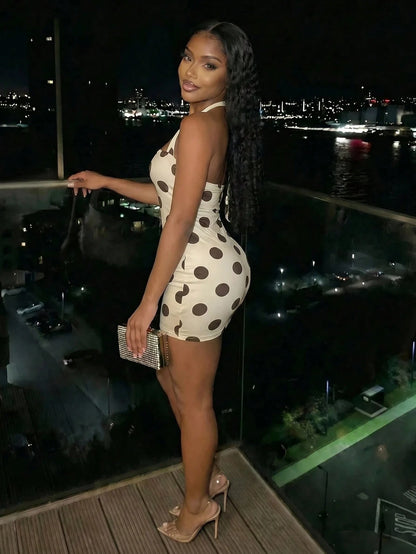 Slaydiva Summer Elegant 70s Retro Sexy Slim Fit Brown And White Polka Dot Backless Mini Dress, Suitable For Valentine's Day Women's Wear, Party Night Out, Club