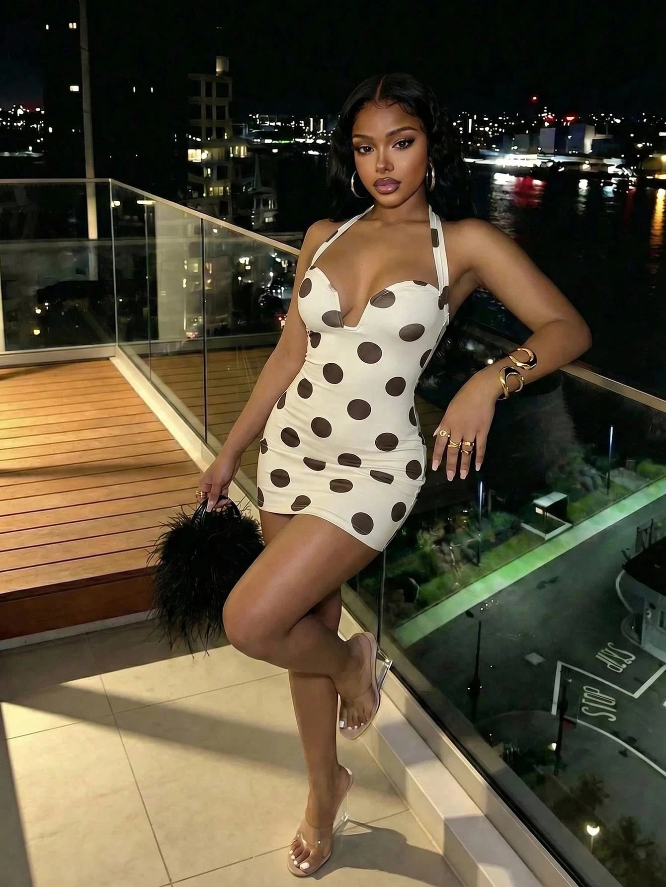 Slaydiva Summer Elegant 70s Retro Sexy Slim Fit Brown And White Polka Dot Backless Mini Dress, Suitable For Valentine's Day Women's Wear, Party Night Out, Club