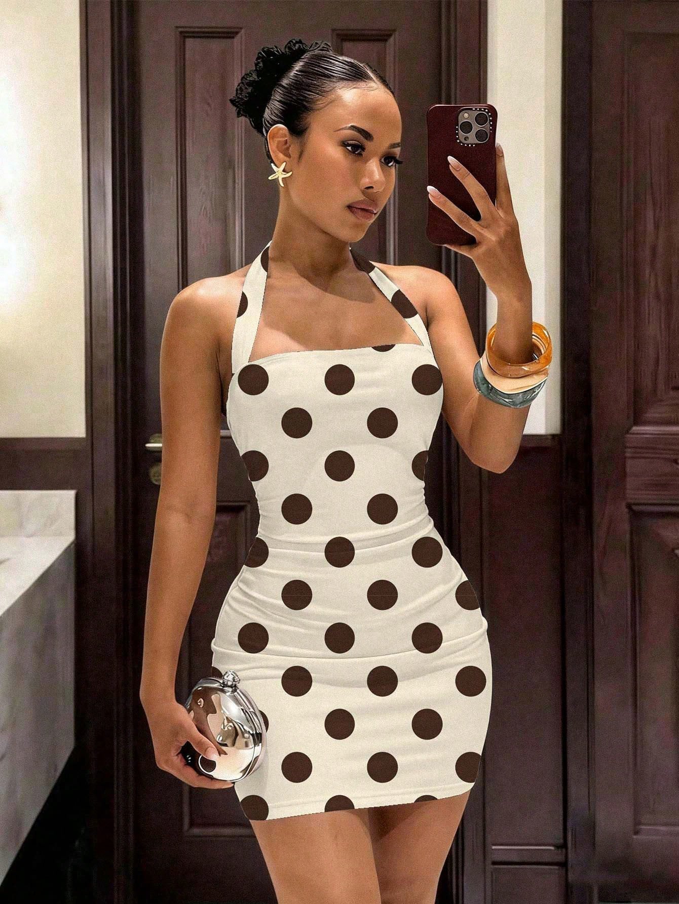 Slaydiva Summer New Slim Fit Halter Neck Tie Women Mini Dress Vintage Sexy Brown And White Polka Dot Graphic Pattern Elegant Party Night Out Club