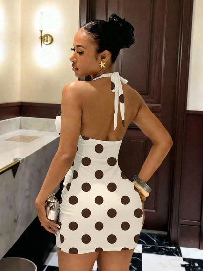 Slaydiva Summer New Slim Fit Halter Neck Tie Women Mini Dress Vintage Sexy Brown And White Polka Dot Graphic Pattern Elegant Party Night Out Club