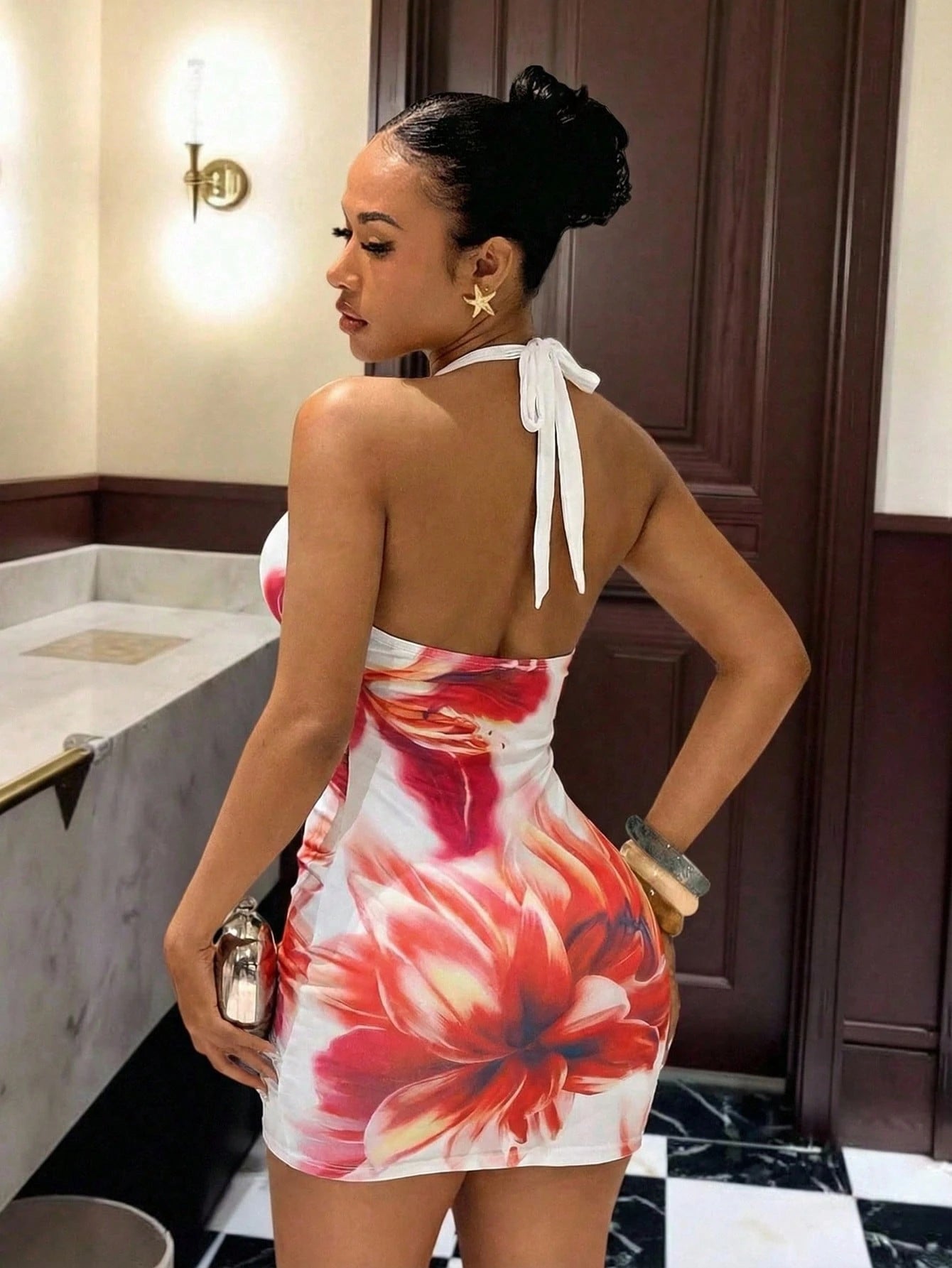 Slaydiva Summer New Slim Fit Halter Neck Tie Women Mini Dress Vintage Sexy Brown And White Polka Dot Graphic Pattern Elegant Party Night Out Club
