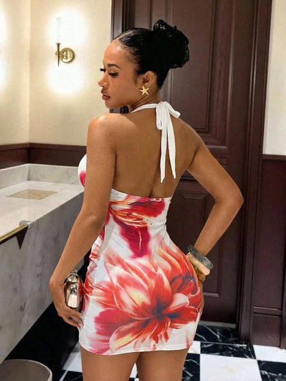 Slaydiva Summer New Slim Fit Halter Neck Tie Women Mini Dress Vintage Sexy Brown And White Polka Dot Graphic Pattern Elegant Party Night Out Club