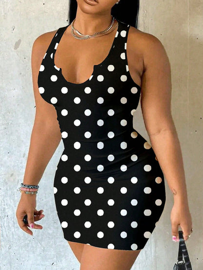 Slaydiva Women's Black And White Polka Dot Sleeveless Fitted Dress Summer 90s Retro Sexy Club Night Out Night Mini Y2K Streetwear Grunge Music Festival Outfit
