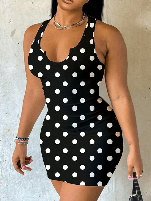Slaydiva Women's Black And White Polka Dot Sleeveless Fitted Dress Summer 90s Retro Sexy Club Night Out Night Mini Y2K Streetwear Grunge Music Festival Outfit