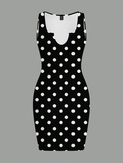 Slaydiva Women's Black And White Polka Dot Sleeveless Fitted Dress Summer 90s Retro Sexy Club Night Out Night Mini Y2K Streetwear Grunge Music Festival Outfit