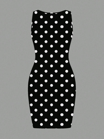Slaydiva Women's Black And White Polka Dot Sleeveless Fitted Dress Summer 90s Retro Sexy Club Night Out Night Mini Y2K Streetwear Grunge Music Festival Outfit