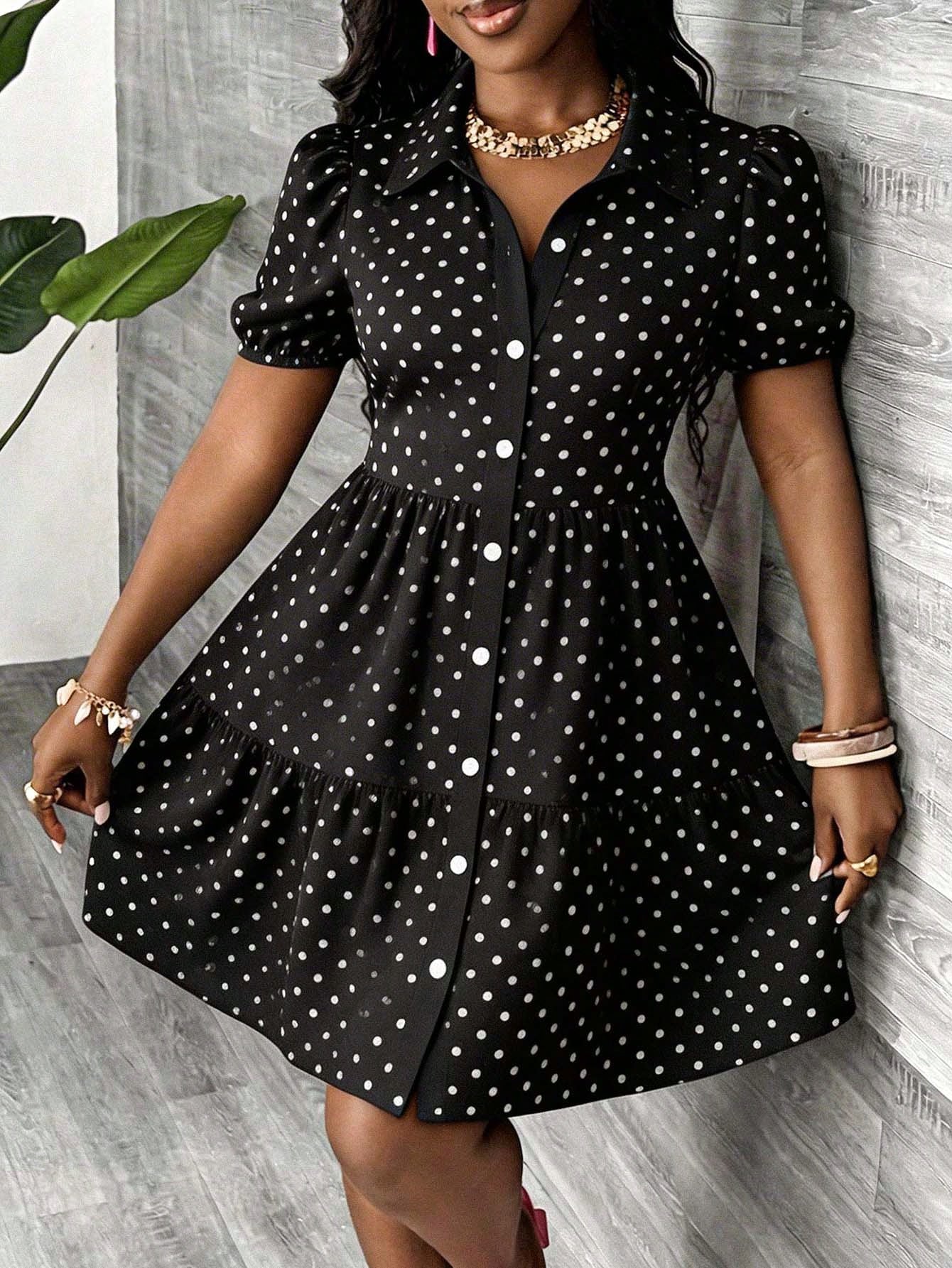 Slaydiva Women's Black And White Polka Dot Summer 90s Retro Cute Date Brunch Shirt Dress,Short Sleeve Casual Elegant Boho Vacation Beachwear Wedding Guest