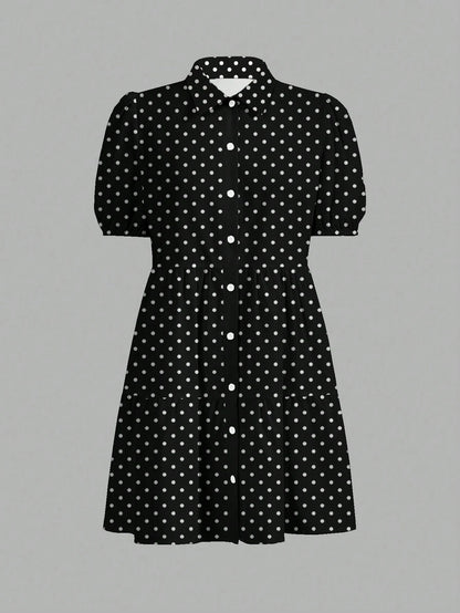 Slaydiva Women's Black And White Polka Dot Summer 90s Retro Cute Date Brunch Shirt Dress,Short Sleeve Casual Elegant Boho Vacation Beachwear Wedding Guest
