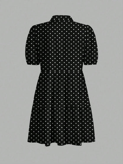 Slaydiva Women's Black And White Polka Dot Summer 90s Retro Cute Date Brunch Shirt Dress,Short Sleeve Casual Elegant Boho Vacation Beachwear Wedding Guest