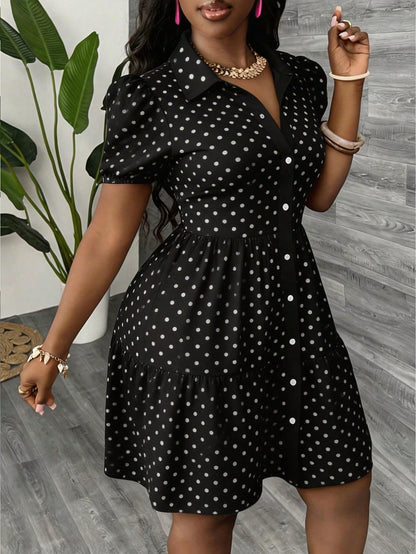 Slaydiva Women's Black And White Polka Dot Summer 90s Retro Cute Date Brunch Shirt Dress,Short Sleeve Casual Elegant Boho Vacation Beachwear Wedding Guest