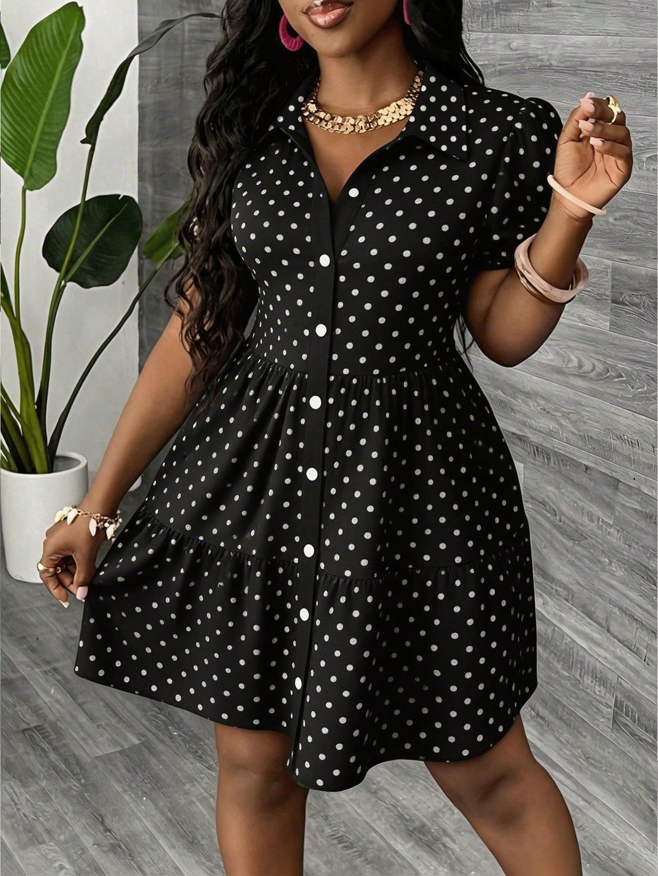 Slaydiva Women's Black And White Polka Dot Summer 90s Retro Cute Date Brunch Shirt Dress,Short Sleeve Casual Elegant Boho Vacation Beachwear Wedding Guest