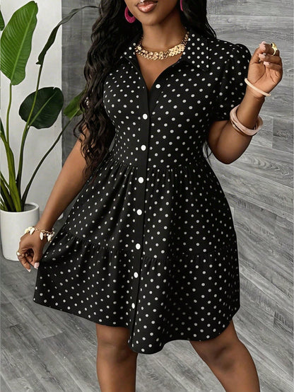 Slaydiva Women's Black And White Polka Dot Summer 90s Retro Cute Date Brunch Shirt Dress,Short Sleeve Casual Elegant Boho Vacation Beachwear Wedding Guest