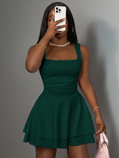 Slaydiva Women's Casual Basic Sleeveless Ruched Layered A-Line Short Dress, Minimalist Design