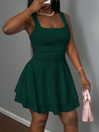 Slaydiva Women's Casual Basic Sleeveless Ruched Layered A-Line Short Dress, Minimalist Design