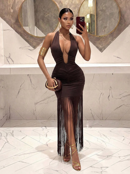 Slaydiva Women's Dark Brown Summer 70s Sexy Dress, Deep V-Neck Necklace Strap Pleated Fringed Ultra-Long Dress For Night Out Club,Party,Music Festival Vacation