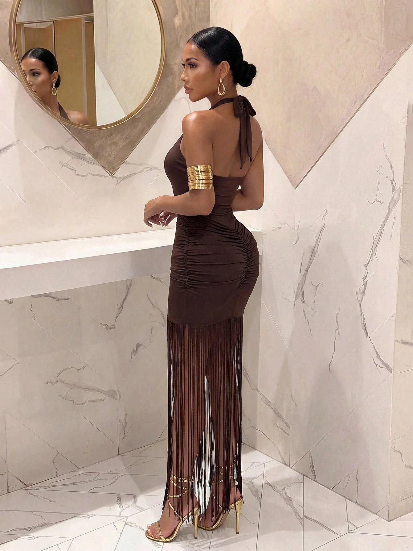 Slaydiva Women's Dark Brown Summer 70s Sexy Dress, Deep V-Neck Necklace Strap Pleated Fringed Ultra-Long Dress For Night Out Club,Party,Music Festival Vacation