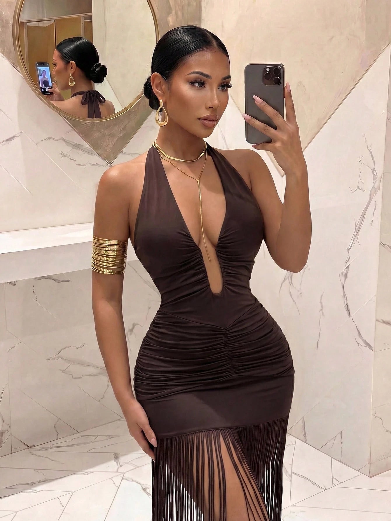 Slaydiva Women's Dark Brown Summer 70s Sexy Dress, Deep V-Neck Necklace Strap Pleated Fringed Ultra-Long Dress For Night Out Club,Party,Music Festival Vacation