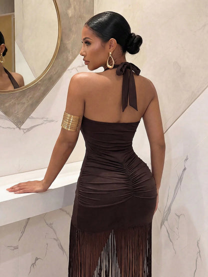 Slaydiva Women's Dark Brown Summer 70s Sexy Dress, Deep V-Neck Necklace Strap Pleated Fringed Ultra-Long Dress For Night Out Club,Party,Music Festival Vacation