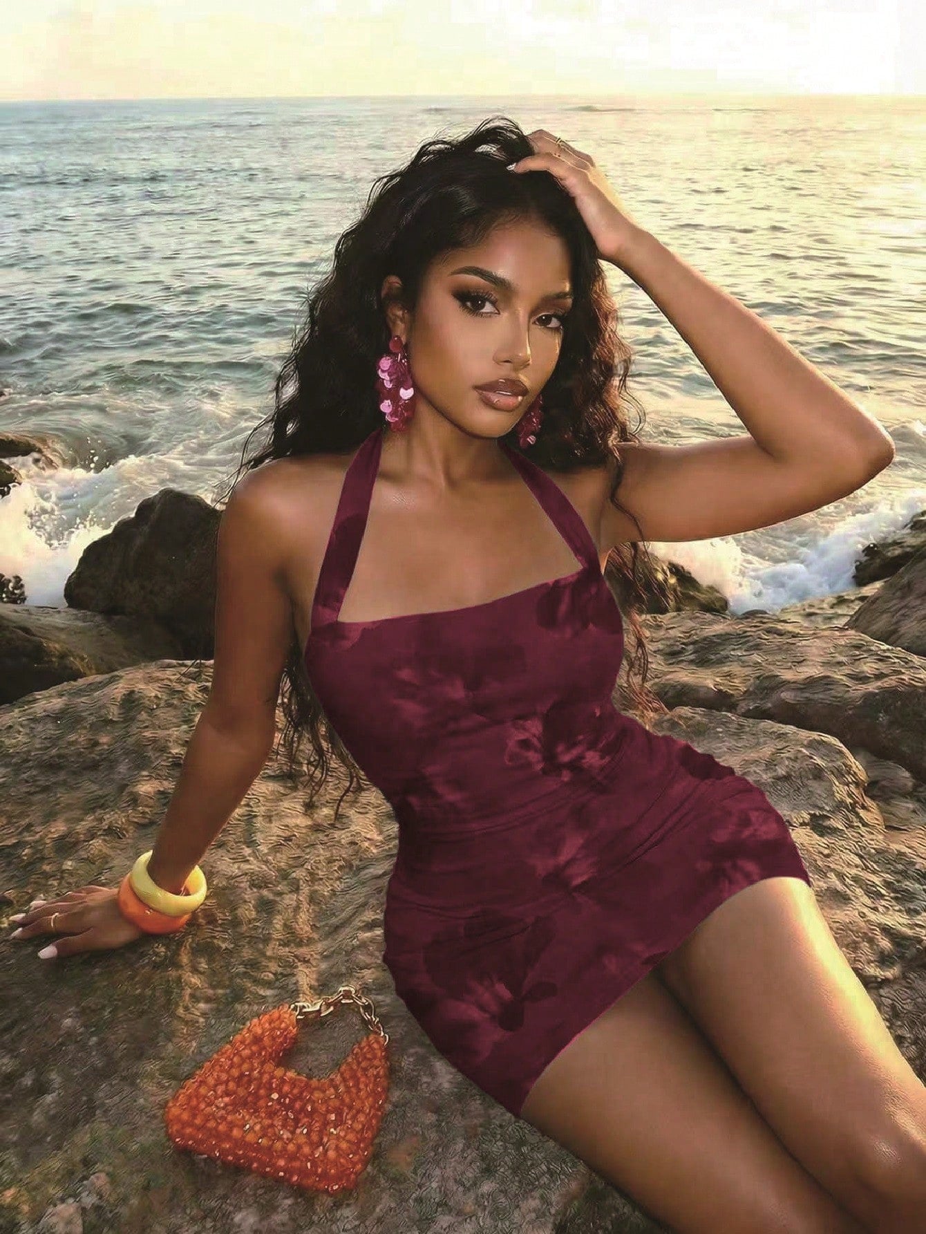 Slaydiva Women's Floral Print Halter Neck Sexy Date Party Mini Dress