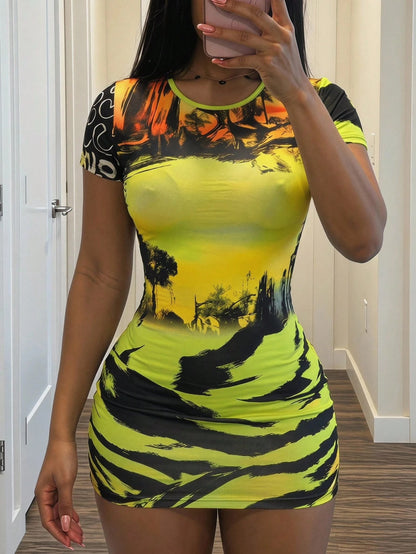Slaydiva Women's Lime Green Summer Holiday Club Night Going Out Night Out Dress,Round-Neck Short-Sleeved Net Fabric Mini Dress,Stained Baroque Digital Logo