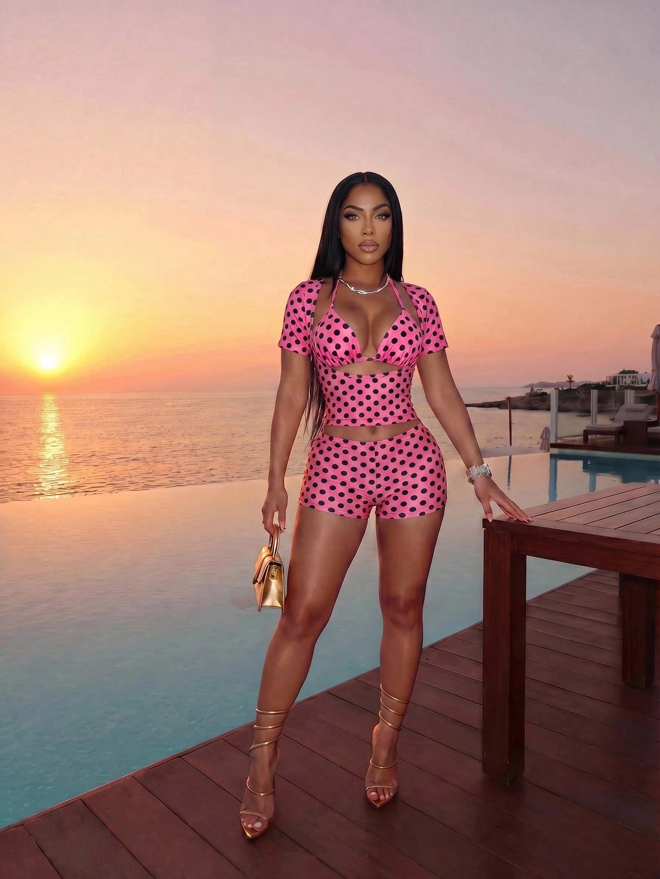 Slaydiva Women's Pink Polka Dot Two-Piece Beachwear Set, Cutout Crop Top & Bikini Trunks For Summer,Tropical,Beach,Holiday,Vacation,Music Festival