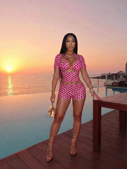 Slaydiva Women's Pink Polka Dot Two-Piece Beachwear Set, Cutout Crop Top & Bikini Trunks For Summer,Tropical,Beach,Holiday,Vacation,Music Festival