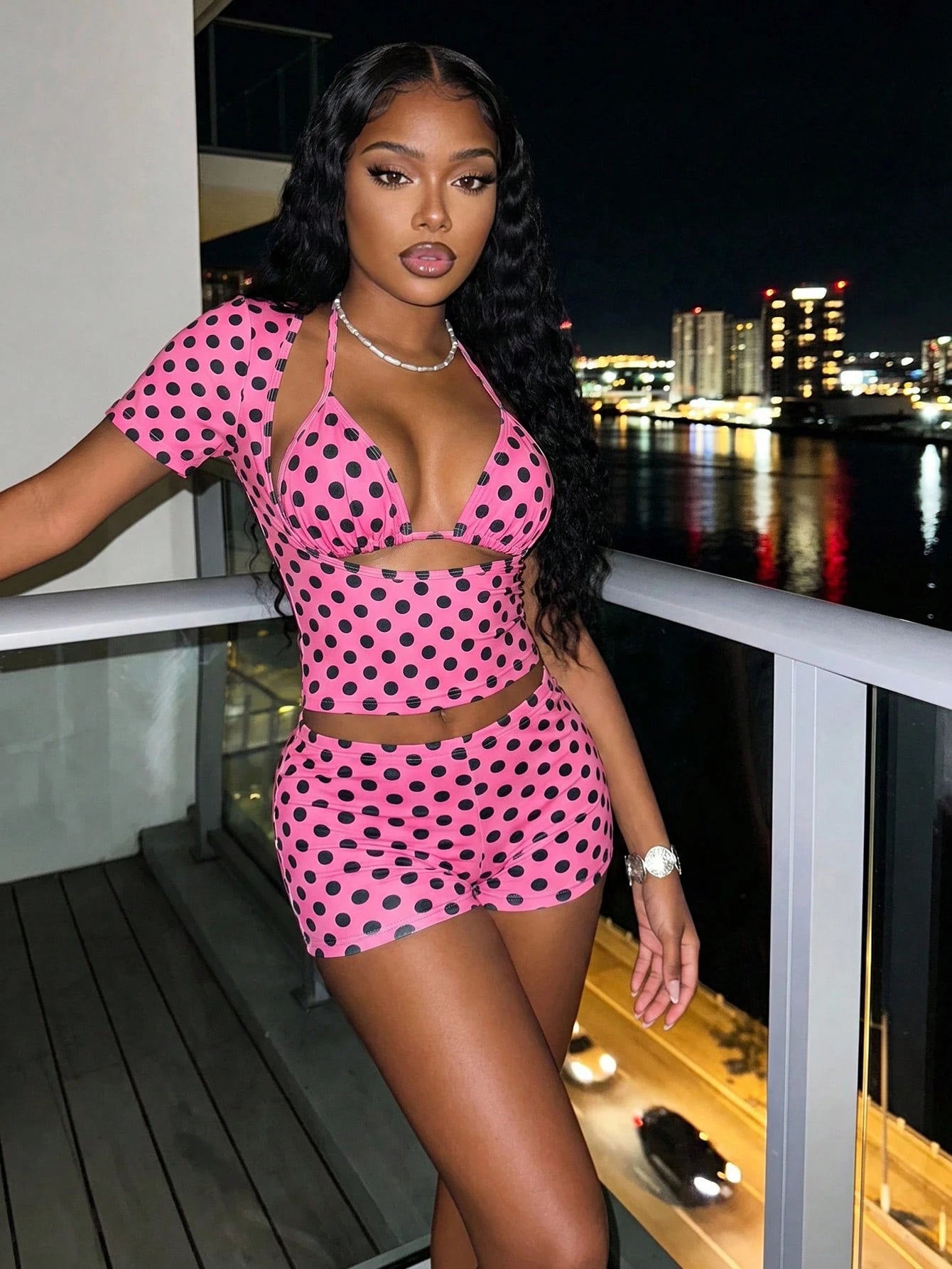 Slaydiva Women's Pink Polka Dot Two-Piece Beachwear Set, Cutout Crop Top & Bikini Trunks For Summer,Tropical,Beach,Holiday,Vacation,Music Festival