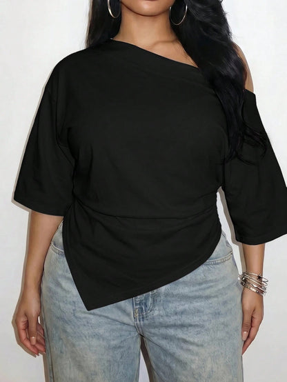 Slaydiva Women's Plus Size Solid Color Asymmetric Hem Asymmetric Neck Ruched T-Shirt, Sexy Beach Date Night Cruise Travel, Spring/Summer Black