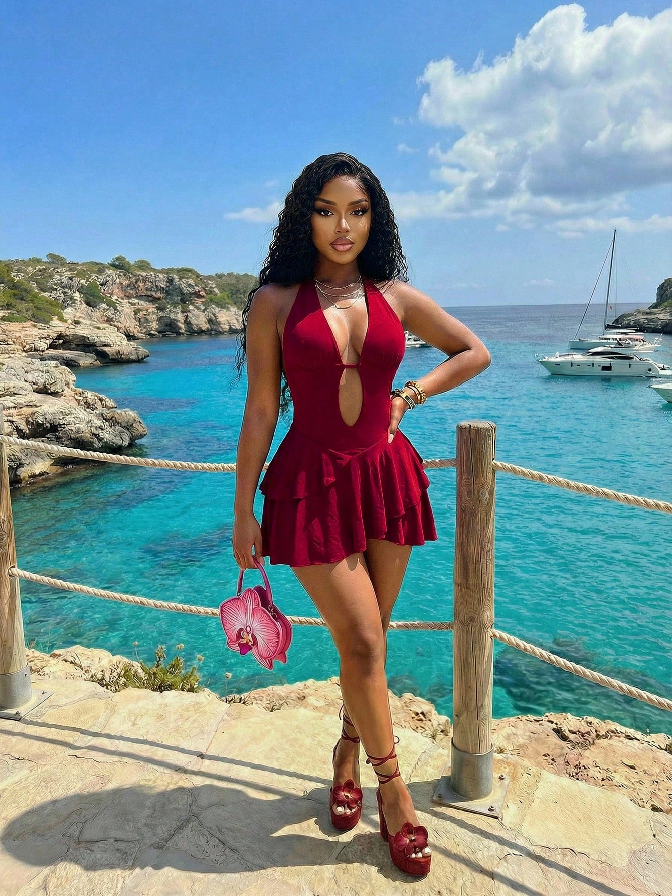 Slaydiva Women's Solid Color Pleated Halter Backless Mini Dress For Dates & Parties Swimsuits Tummy Control Y2k Dresses Wool Two Pieces Worship Wow
