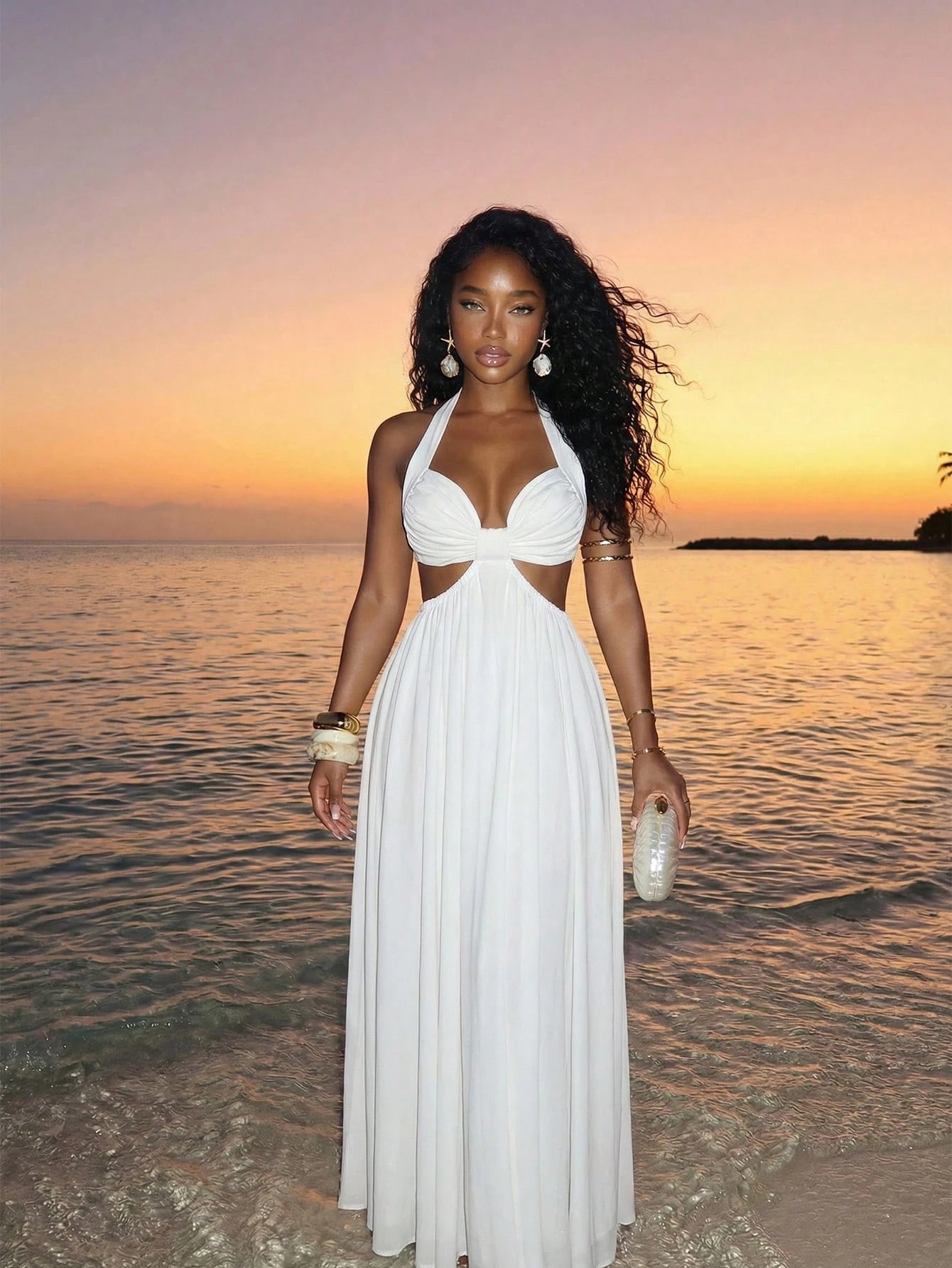 Slaydiva Women's White Summer Casual Sexy Tropical Holiday Vacation Halter Backless A-Line Long Dress, Elegant Heart-Neck Tie Beach Party Vacation Resort Wear