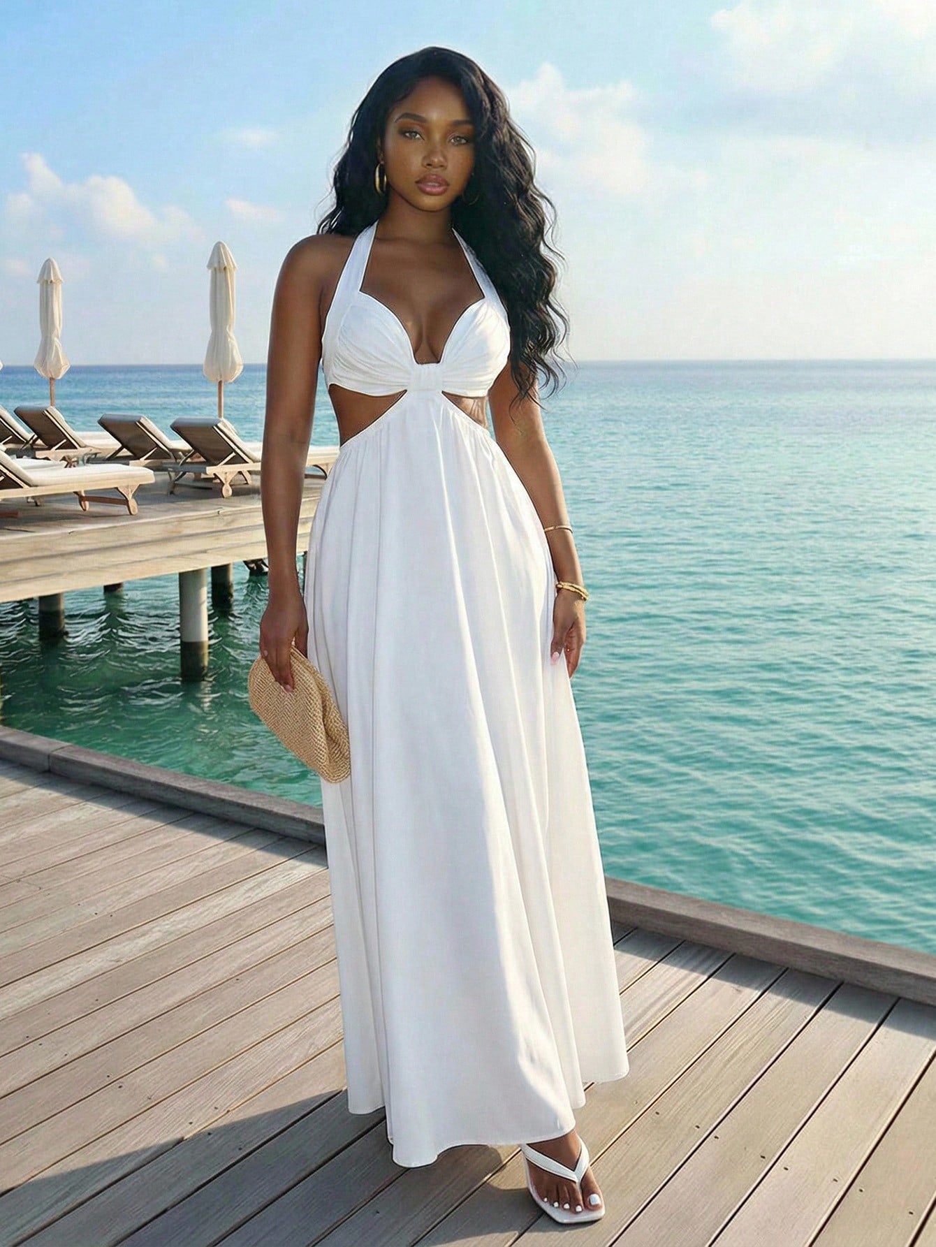 Slaydiva Women's White Summer Casual Sexy Tropical Holiday Vacation Halter Backless A-Line Long Dress, Elegant Heart-Neck Tie Beach Party Vacation Resort Wear