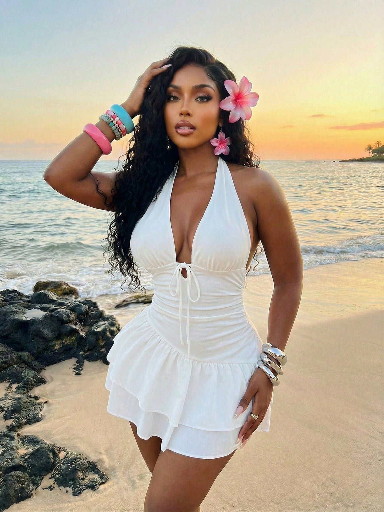 Slaydiva Women's White Summer Casual Vacation Holiday Swimsuit,Elegant Halter Neck Tummy Control Double-Layer Ruffle Skirt Swimsuits Y2k Resort Wear Dress