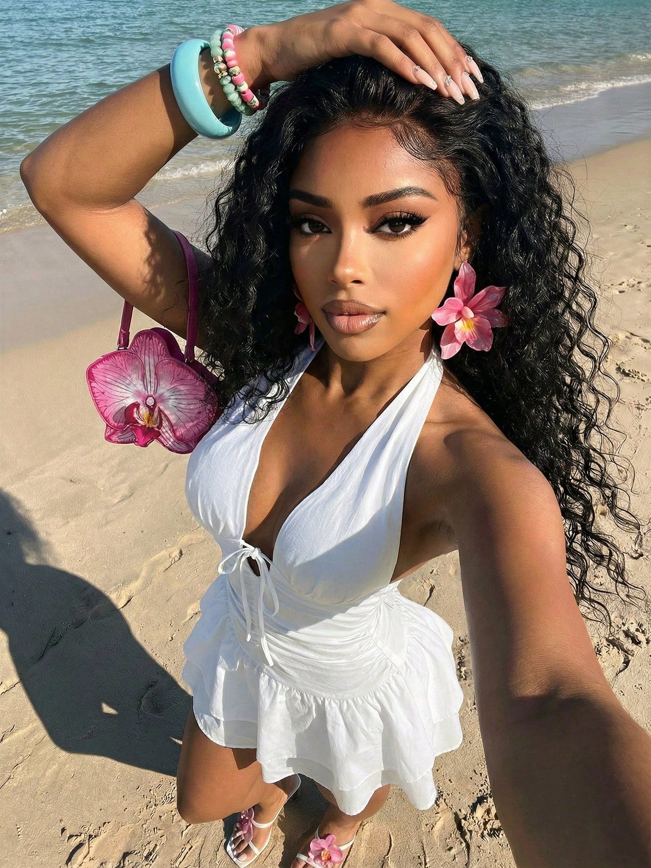 Slaydiva Women's White Summer Casual Vacation Holiday Swimsuit,Elegant Halter Neck Tummy Control Double-Layer Ruffle Skirt Swimsuits Y2k Resort Wear Dress