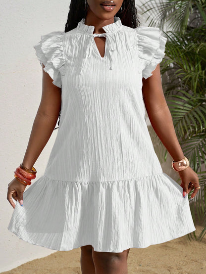 Slaydiva Women's White Summer Elegant Vacation Dress, Ruffled V-Neck Collar Tie Double-Layer Ruffle Trim Short Sleeve Loose A-Line Textured Fabric Mini Dress
