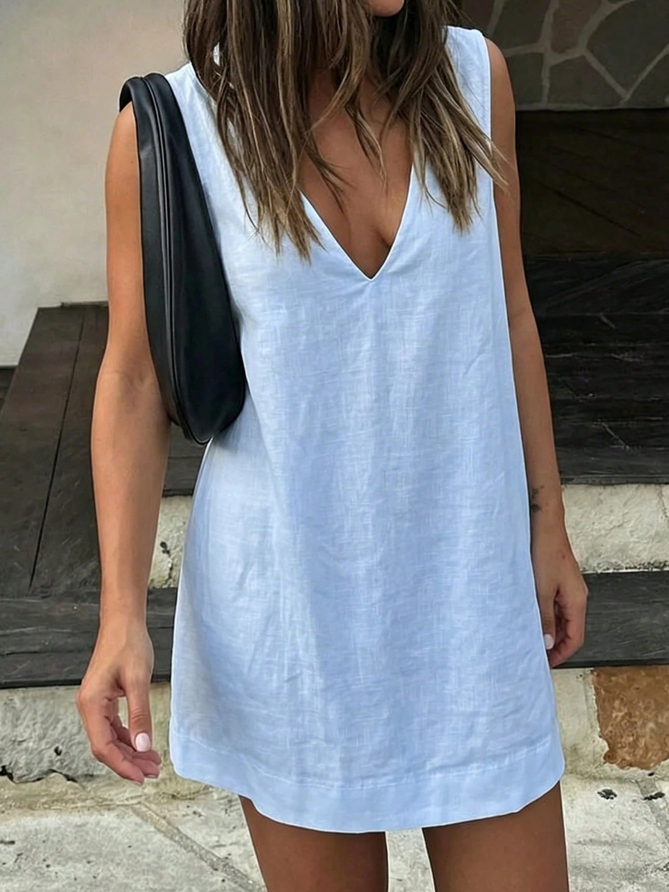 Sleeveless V-Neck Cotton Linen A-Line Short Dress, Cotton Linen Dress For Women, Suitable For Vacation, Casual Daily Wear, Spring/Summer Beach, Effortlessly Chic