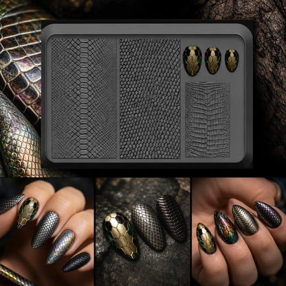 Snake Scale Nail Art Silicone Mold, Python Mesh And Hexagonal Scale Patterns, Paired With Reptile Scale Texture, Easily Print Wild Nail Art, Steel Plate Etched Lines With Strong 3D Effect, Full Nail P