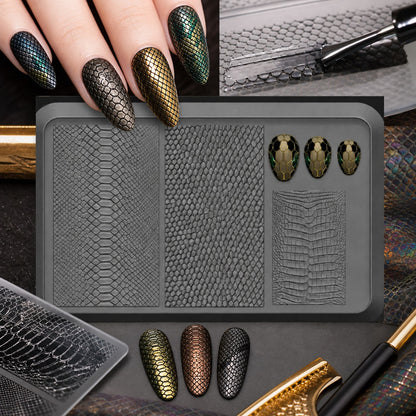 Snake Scale Nail Art Silicone Mold, Python Mesh And Hexagonal Scale Patterns, Paired With Reptile Scale Texture, Easily Print Wild Nail Art, Steel Plate Etched Lines With Strong 3D Effect, Full Nail P