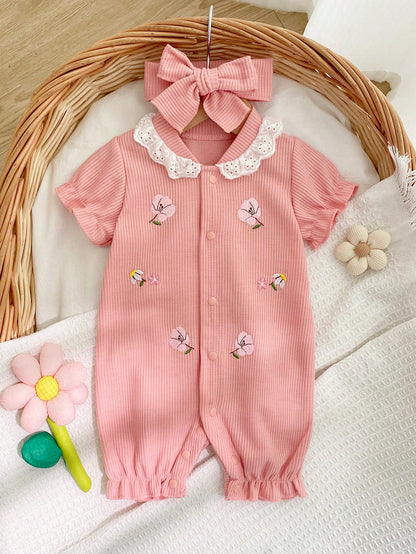 Soft & Skin-Friendly Floral Embroidered Lace Collar Short Sleeve Romper With Matching Bow Headband, Sweet & Adorable For Baby Photo Shoot And Daily Wear