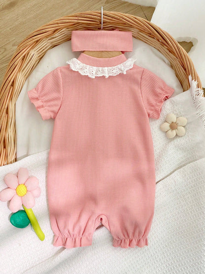 Soft & Skin-Friendly Floral Embroidered Lace Collar Short Sleeve Romper With Matching Bow Headband, Sweet & Adorable For Baby Photo Shoot And Daily Wear