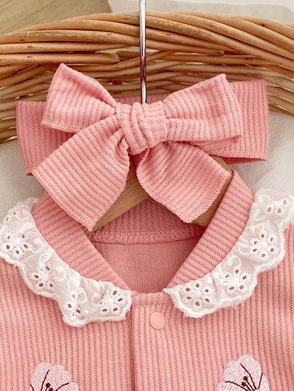 Soft & Skin-Friendly Floral Embroidered Lace Collar Short Sleeve Romper With Matching Bow Headband, Sweet & Adorable For Baby Photo Shoot And Daily Wear