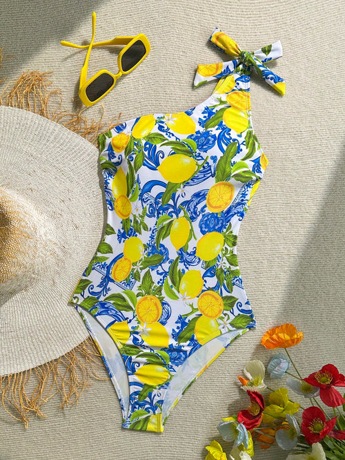 Soleia 1pc Women's Asymmetrical-Shoulder Lemon Graphic Casual One-Piece Swimsuit, Summer