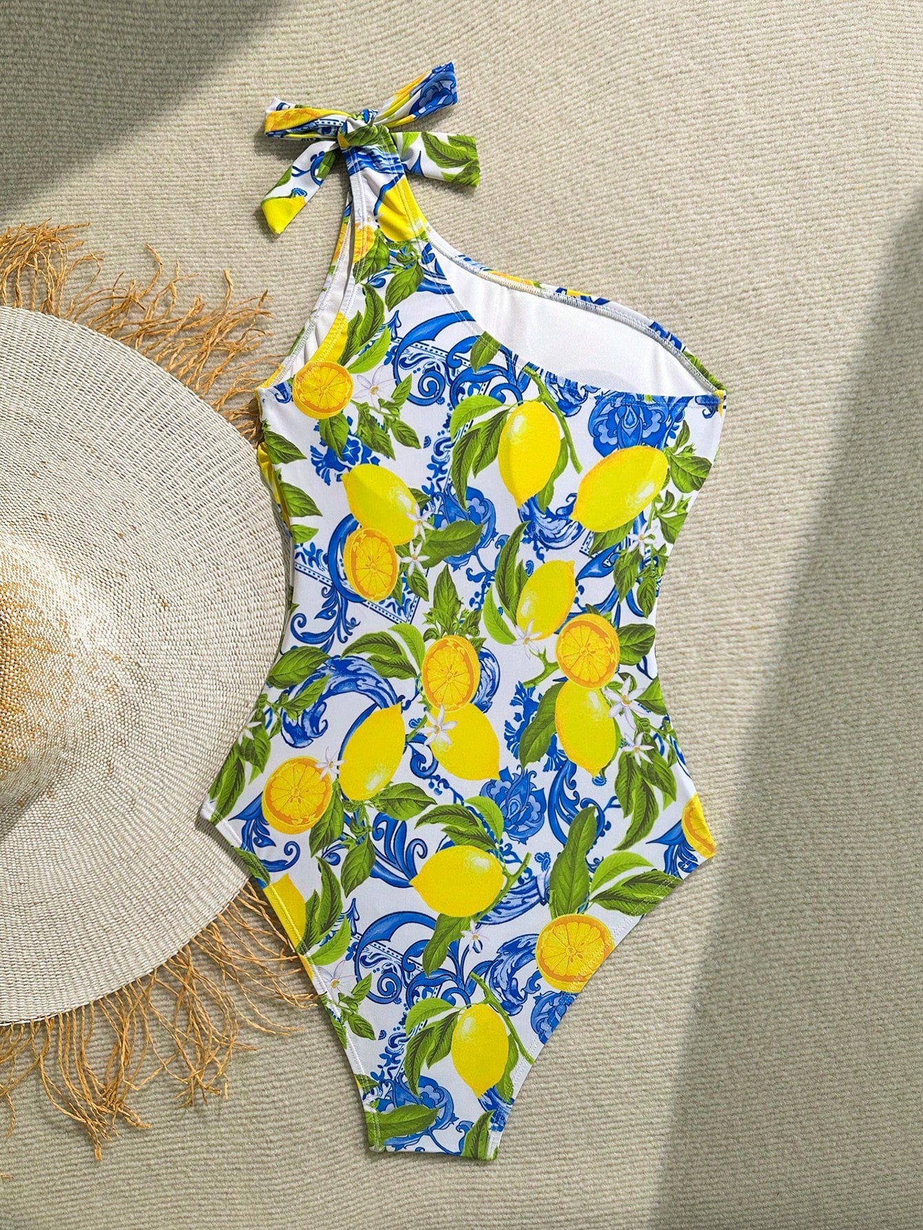 Soleia 1pc Women's Asymmetrical-Shoulder Lemon Graphic Casual One-Piece Swimsuit, Summer