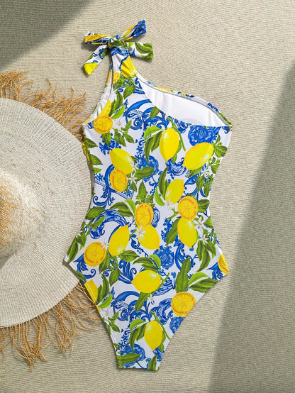 Soleia 1pc Women's Asymmetrical-Shoulder Lemon Graphic Casual One-Piece Swimsuit, Summer
