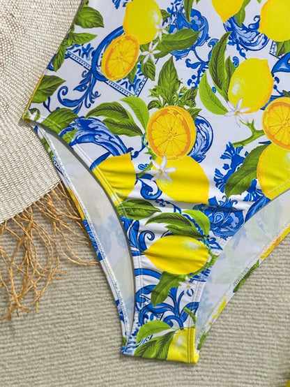 Soleia 1pc Women's Asymmetrical-Shoulder Lemon Graphic Casual One-Piece Swimsuit, Summer