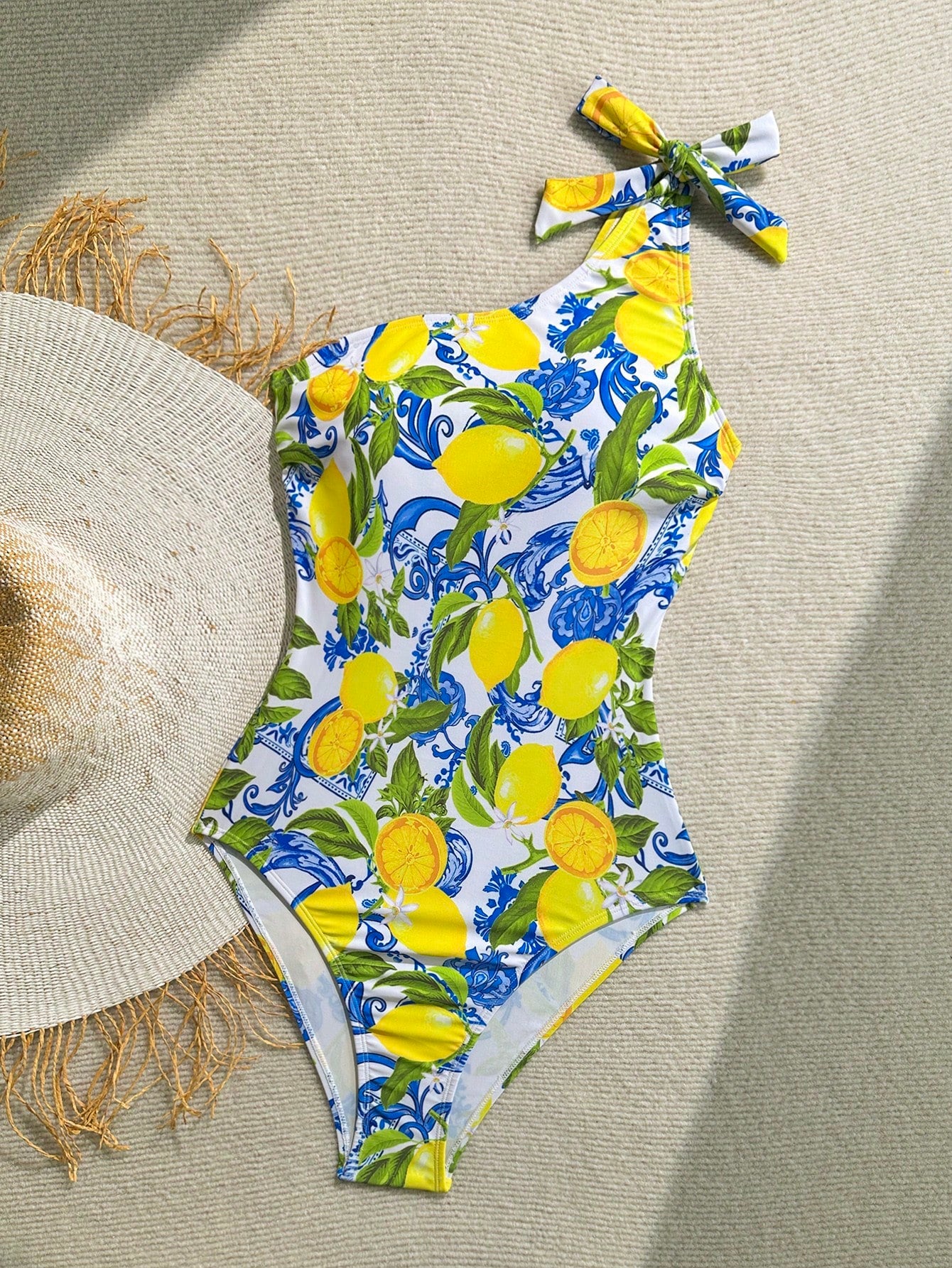 Soleia 1pc Women's Asymmetrical-Shoulder Lemon Graphic Casual One-Piece Swimsuit, Summer