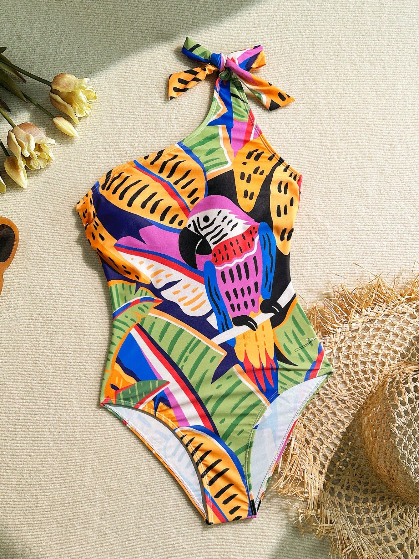 Soleia 1pc Women's Asymmetrical-Shoulder Lemon Graphic Casual One-Piece Swimsuit, Summer