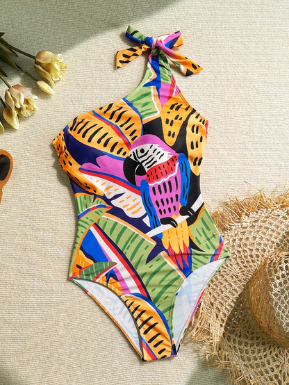 Soleia 1pc Women's Asymmetrical-Shoulder Lemon Graphic Casual One-Piece Swimsuit, Summer
