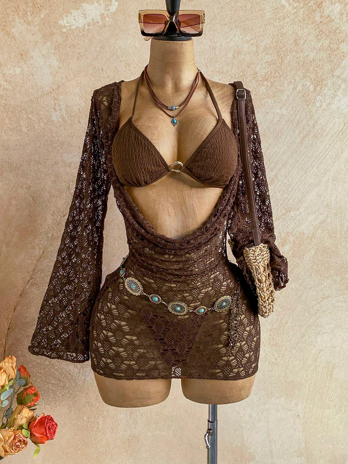 Soleia 3pcs Women's Sexy Bikini Set, Brown Mesh Cover-Up Dress, Fashionable Swimwear Summer Beach Party Vacation Bathing Suit