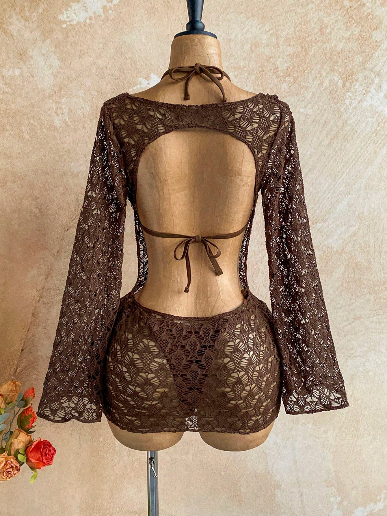Soleia 3pcs Women's Sexy Bikini Set, Brown Mesh Cover-Up Dress, Fashionable Swimwear Summer Beach Party Vacation Bathing Suit